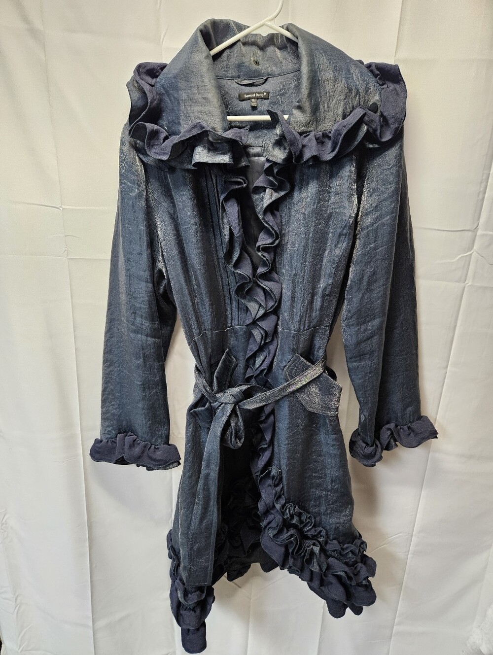 Samuel Dong Luxe Ruffled Long Trench Coat in Shimmery Blue
